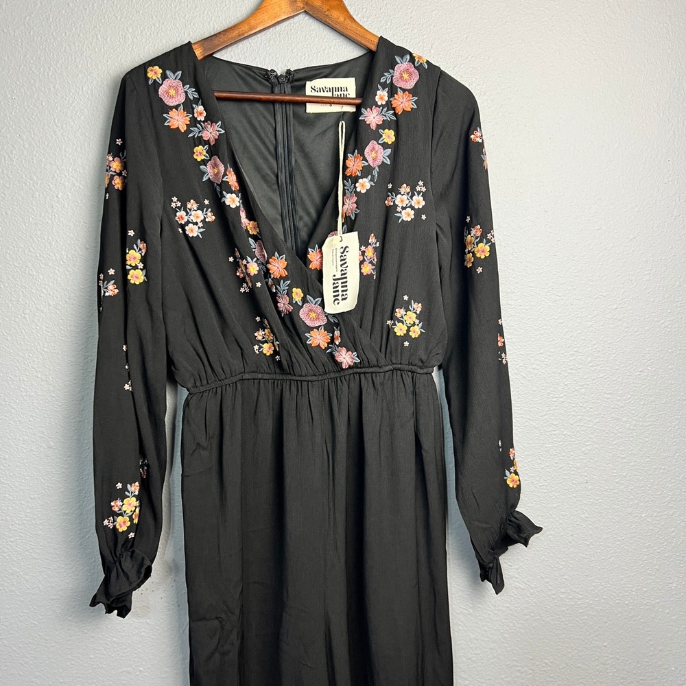NWT Savanna Jane Floral Embroidered Jumpsuit Balloon Sheer Sleeve Black Romper S - Picture 2 of 14